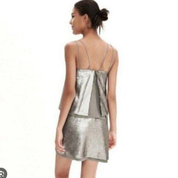 Banana Republic Pewter Sequin Layered Spaghetti Strap Mini Dress Size 6 - Picture 2 of 16